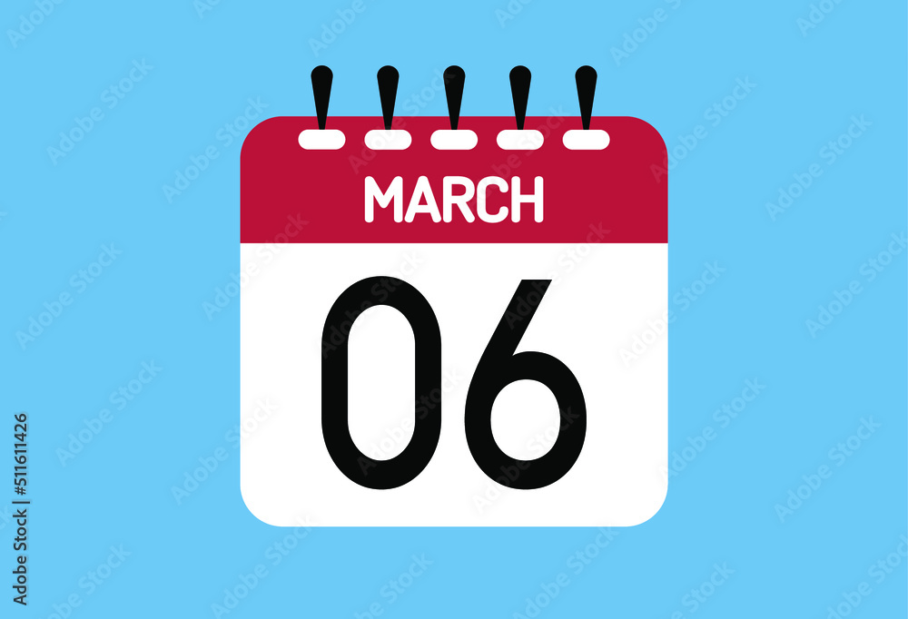 March day 6. Calendar design template 6 march in background blue. March day 6. Calendar design template 6 march in background blue.