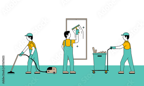 Cleaning Services Concept Illustration, Man Janitor Use Vacuum Cleaner, Clean Window and Pushing Garbage Bin Illustration