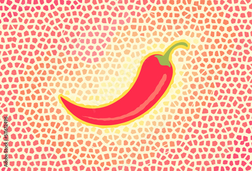 Vector illustration of chilli pepper om mosaic background in retro style. Vector vintage poster of red chili pepper on colorful bacground.