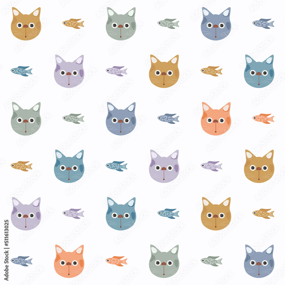Cute colorful cartoon cat with fish