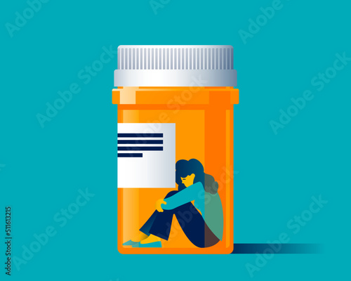 Lonely woman trapped in a medicine jar. Symbolic for drugs, psychopharmaceuticals, nootropics and other drugs. The medicine. Brain treatment. Drug dependence. Vector illustration
