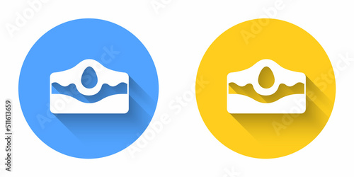 White Acne icon isolated with long shadow background. Inflamed pimple on the skin. The sebum in the clogged pore promotes the growth of a bacteria. Circle button. Vector