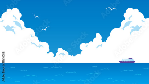 入道雲が広がる青空にカモメが飛び、青い海の沖に船が浮かぶ風景(16:9)