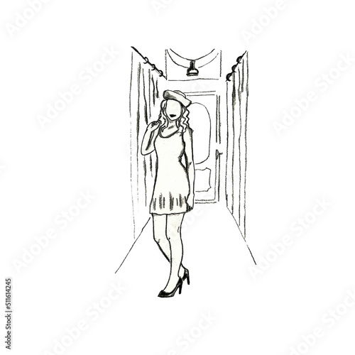 Hand drawn Pencil sketch of a girl in a short dress and hat in the lobby in retro style. Woman without a face mockap for dress design, isolated on a white background ,filtered in Photoshop. photo