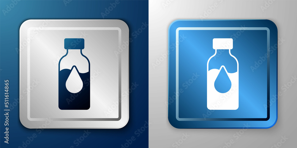 White Oil petrol test tube icon isolated on blue and grey background. Cmemistry flask and falling drop. Silver and blue square button. Vector White Oil petrol test tube icon isolated on blue and grey background. Cmemistry flask and falling drop. Silver and blue square button. Vector