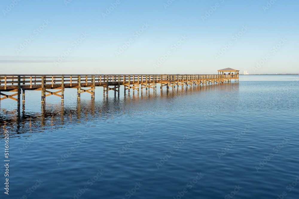 Rotary Riverfront Park lookout deck in Titusville, Florida, USA. Rotary Riverfront Park is located along the Indian River Lagoon with a view of  the rocket launch pads.