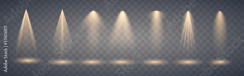 Set of spotlight shines on the stage, scene, podium. Illustration of bright lightning spotlights set on transparent background.