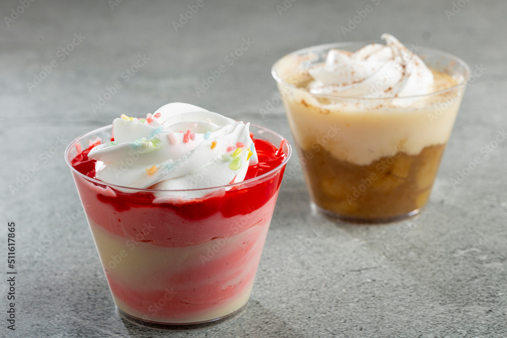 Desserts in the pot in banana and strawberry flavors. Desserts in the pot in banana and strawberry flavors.