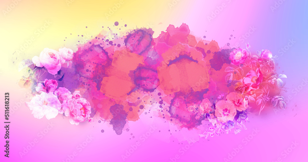 Composition with ink stains, pink flowers in colorful