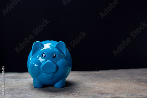 blue piggy bank with black background