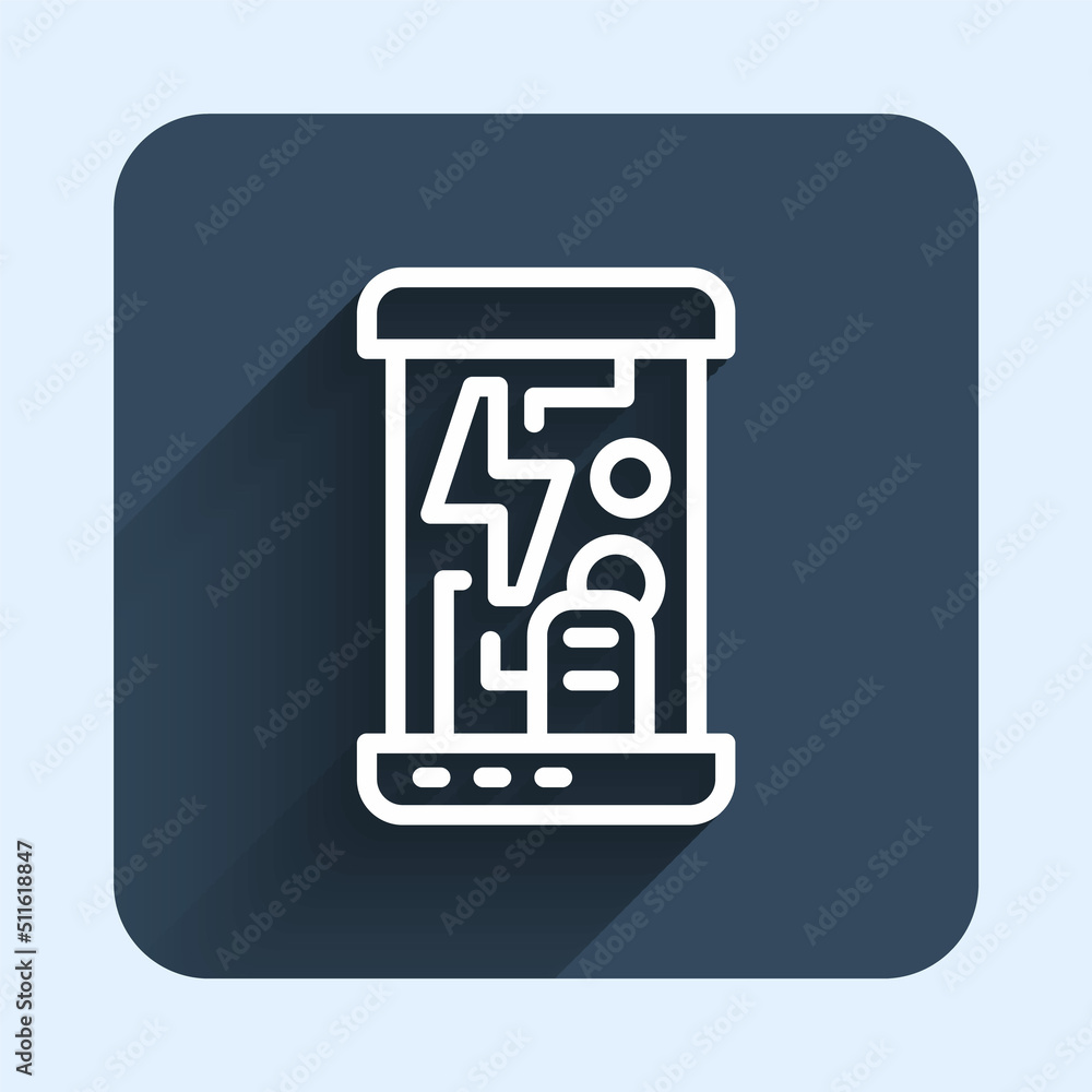 White line Futuristic cryogenic capsules or containers icon isolated with long shadow background. Cryonic technology for humans or cryogenic chamber. Blue square button. Vector White line Futuristic cryogenic capsules or containers icon isolated with long shadow background. Cryonic technology for humans or cryogenic chamber. Blue square button. Vector
