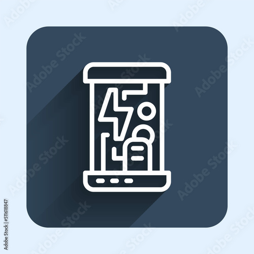 White line Futuristic cryogenic capsules or containers icon isolated with long shadow background. Cryonic technology for humans or cryogenic chamber. Blue square button. Vector