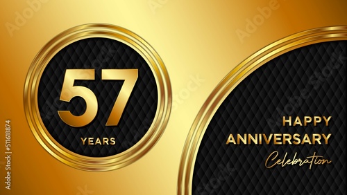 57 Years Anniversary logo with gold color for booklets, leaflets, magazines, brochure posters, banners, web, invitations or greeting cards. Vector illustration.