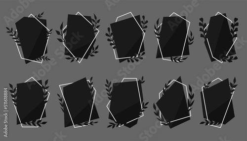 Botanical polygonal frame leafy vintage gothic flat set. Dark exquisite signage important event mourning. Mood black color elegant blank sticker flyer background various shape silver line isolated