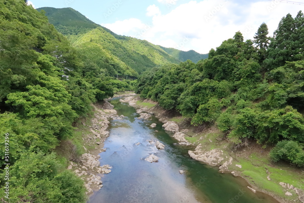 A scene of rivers flowing through Japanese rural areas : Yuragawa viewed from Kayano-bashi Bridge in Miyama-cho Town in Nantan City in Kyoto Pref. in Japan 日本の田舎の地域を流れる川の風景:日本の京都府南丹市美山町にある萱野橋から眺めた由良川 A scene of rivers flowing through Japanese rural areas : Yuragawa viewed from Kayano-bashi Bridge in Miyama-cho Town in Nantan City in Kyoto Pref. in Japan 日本の田舎の地域を流れる川の風景:日本の京都府南丹市美山町にある萱野橋から眺めた由良川