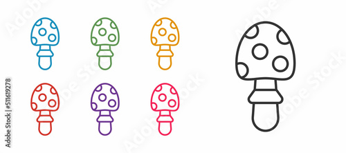 Set line Amanita muscaria or fly agaric hallucinogenic toadstool mushroom icon isolated on white background. Spotted poisonous mushroom. Set icons colorful. Vector
