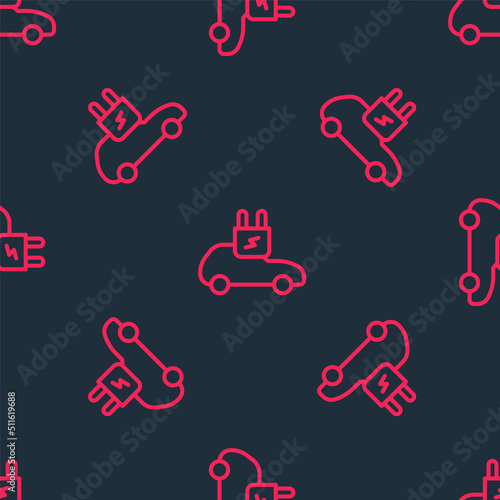 Red line Electric car and electrical cable plug charging icon isolated seamless pattern on black background. Renewable eco technologies. Vector