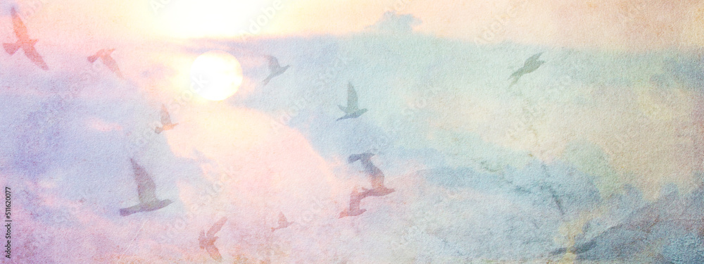 Birds flying over motion blur tropical sunset with cloudy sky with pastel gradient color paper texture for background Abstract,postcard nature art pastel style,soft and blur focus.