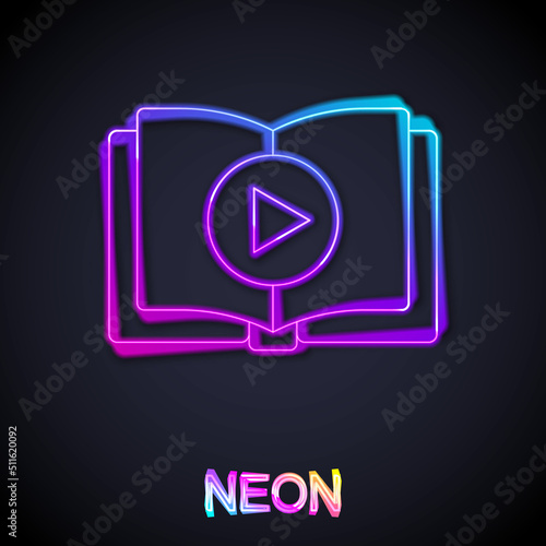 Glowing neon line Audio book icon isolated on black background. Play button and book. Audio guide sign. Online learning concept. Vector