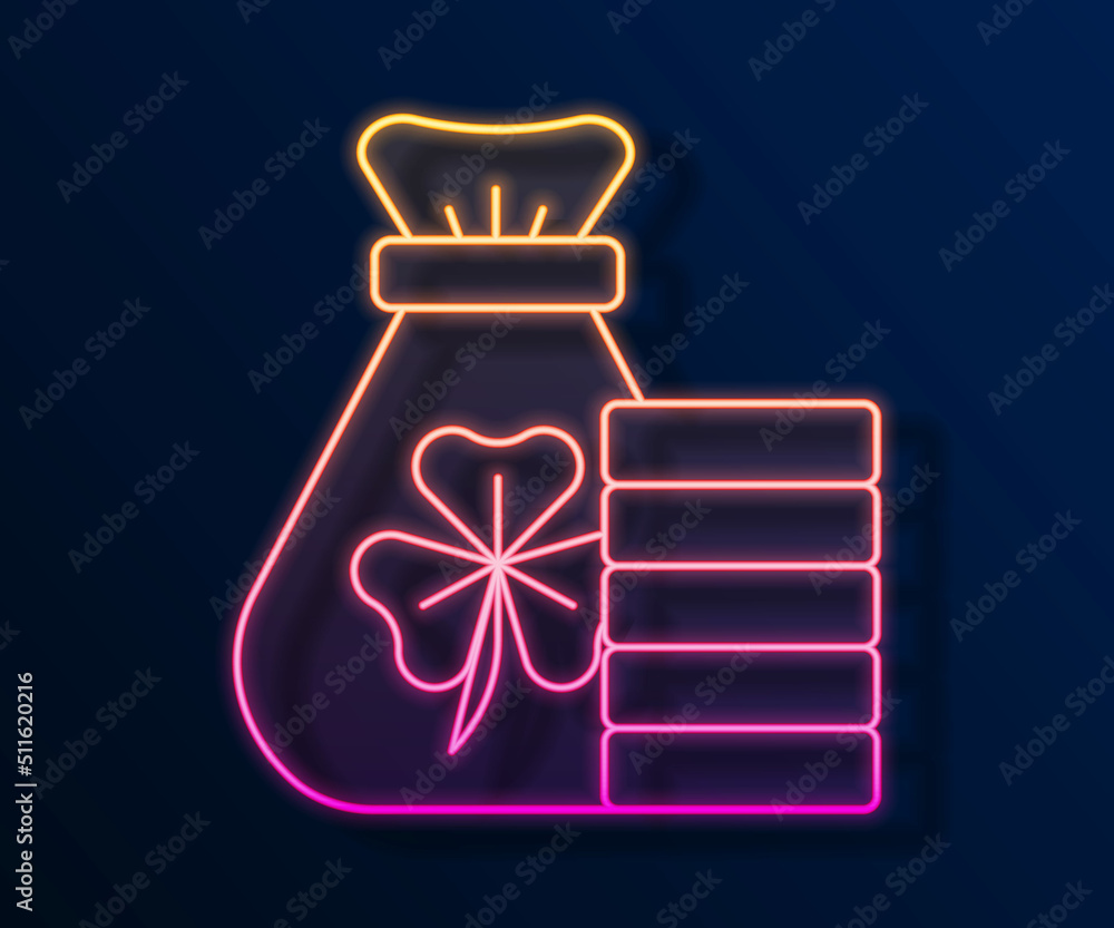 Glowing neon line Money bag with clover trefoil leaf icon isolated on black background. Happy Saint Patricks day. National Irish holiday. Vector