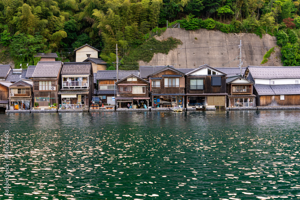 Lined up boathouses at Ine Town in Kyoto, Japan