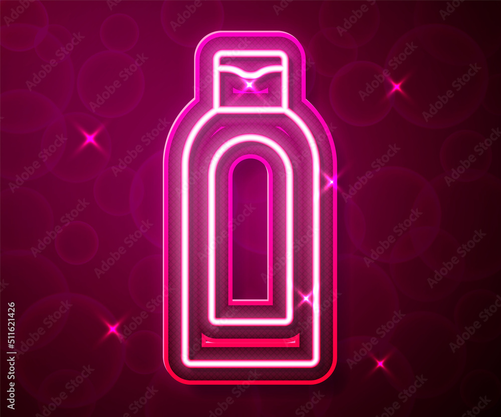 Glowing neon line Bottle of shampoo icon isolated on red background. Vector Glowing neon line Bottle of shampoo icon isolated on red background. Vector