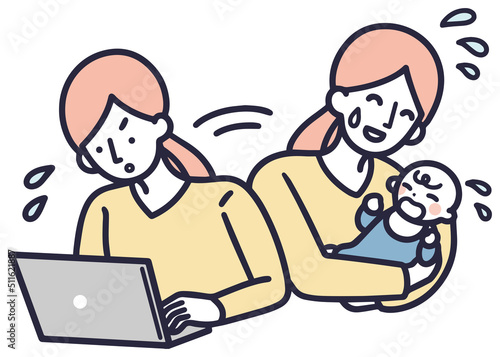 仕事と育児で忙しい女性　シンプルイラスト