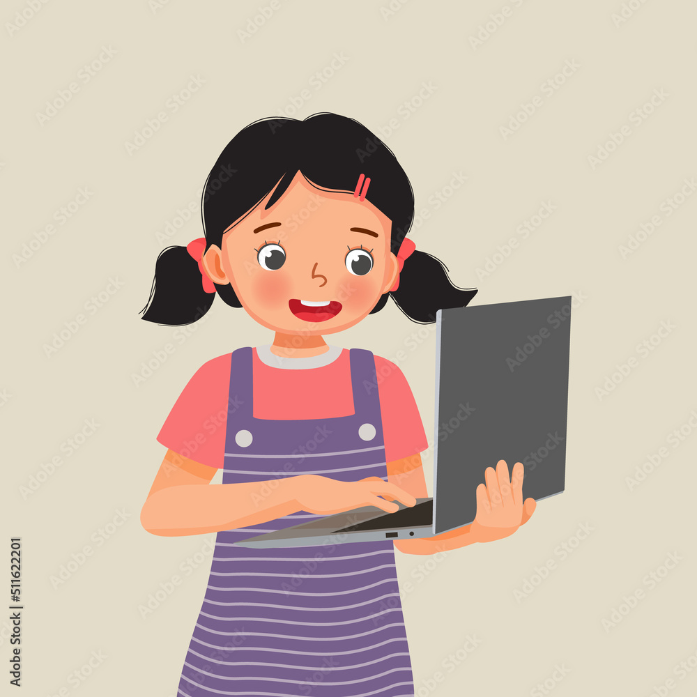 cute little girl student holding and using laptop for studying browsing and doing homework cute little girl student holding and using laptop for studying browsing and doing homework