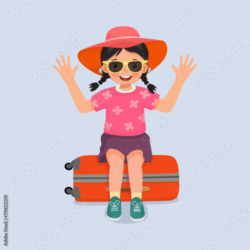 cute little girl wear hat and sun glasses sitting on suitcase excited going for travelling on summer vacation