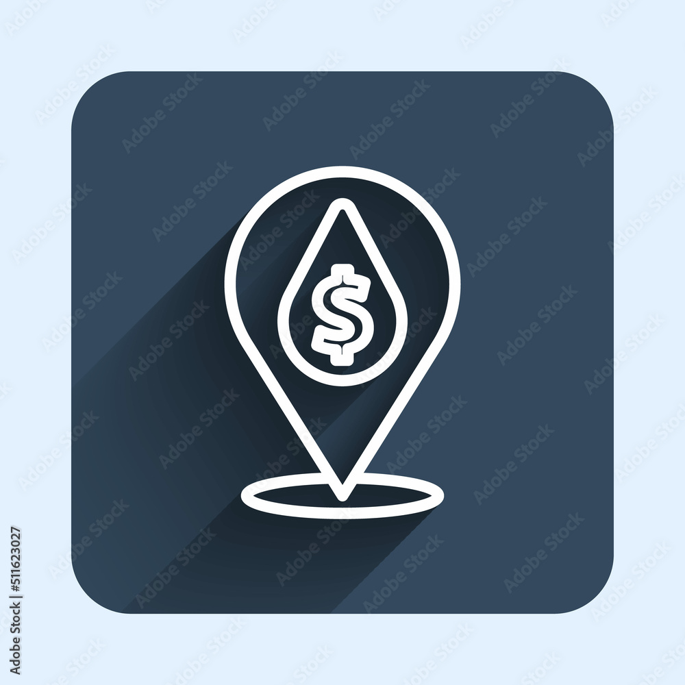 Fototapeta premium White line Oil drop with dollar symbol icon isolated with long shadow background. Oil price. Oil and petroleum industry. Blue square button. Vector