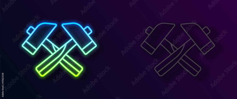 Glowing neon line Crossed hammer icon isolated on black background. Tool for repair. Vector Glowing neon line Crossed hammer icon isolated on black background. Tool for repair. Vector