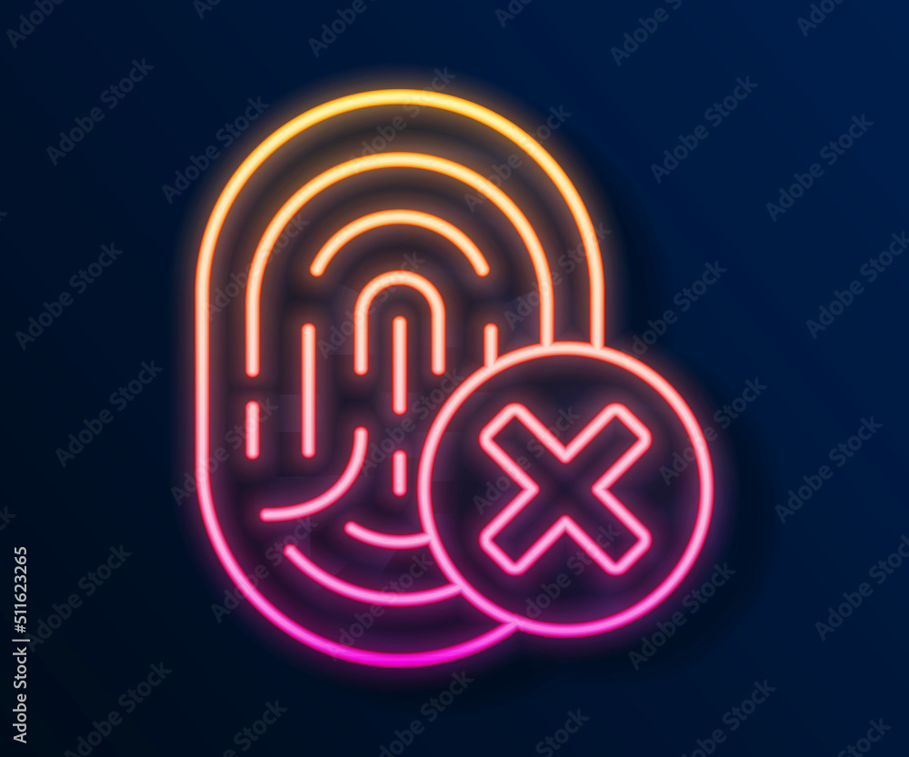 Glowing neon line Cancelled fingerprint icon isolated on black background. Access denied for user concept. Error, fraud. Identification sign. Touch id. Vector Glowing neon line Cancelled fingerprint icon isolated on black background. Access denied for user concept. Error, fraud. Identification sign. Touch id. Vector