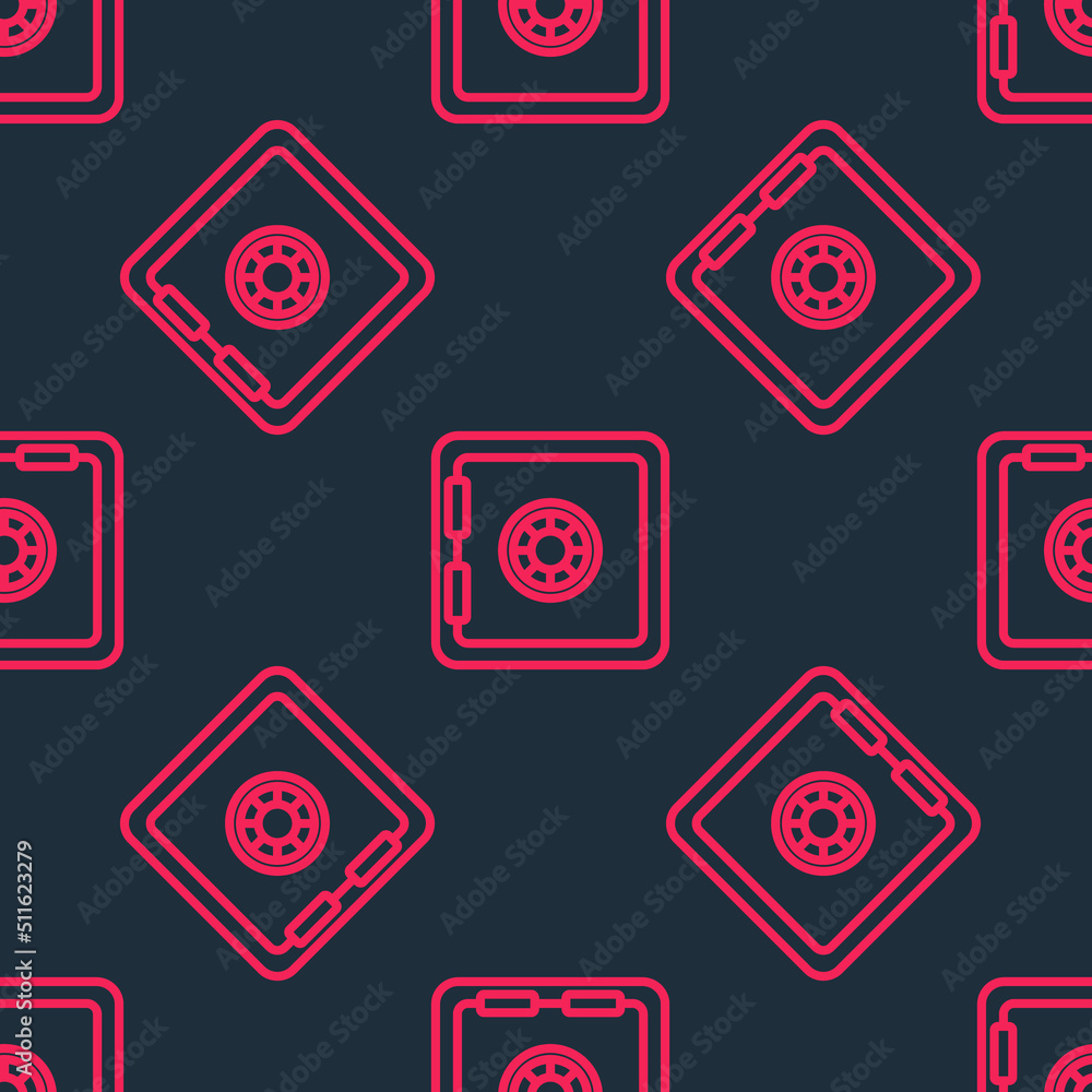 Red line Safe icon isolated seamless pattern on black background. The door safe a bank vault with a combination lock. Reliable Data Protection. Vector