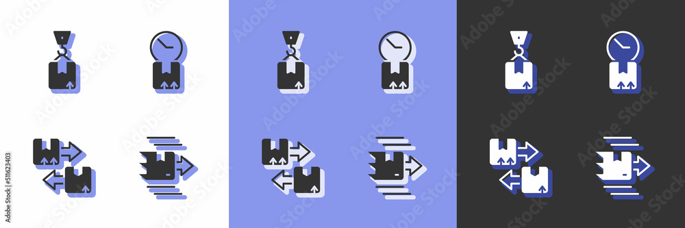 Set Carton cardboard box, Crane with, Cardboard traffic symbol and clock icon. Vector Set Carton cardboard box, Crane with, Cardboard traffic symbol and clock icon. Vector