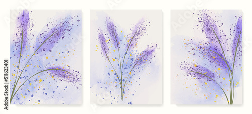Watercolor art background with a bouquet of lavender in purple and blue colors. Botanical ink poster set for design wallpaper, textile, decor, print, invitations