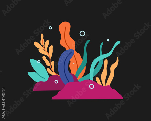 Illustration hand drawn of a undersea world landscape in cartoon style. cute flat design underwater plants and corals on the seabed.