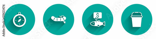 Set Compass, Inflatable boat with motor, Price tag for fish and Fishing bucket icon with long shadow. Vector