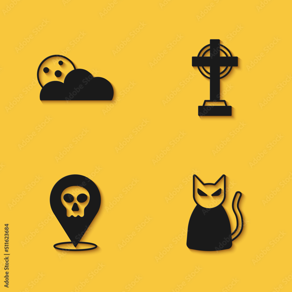 Set Moon and stars, Black cat, Skull and Tombstone with cross icon with long shadow. Vector Set Moon and stars, Black cat, Skull and Tombstone with cross icon with long shadow. Vector
