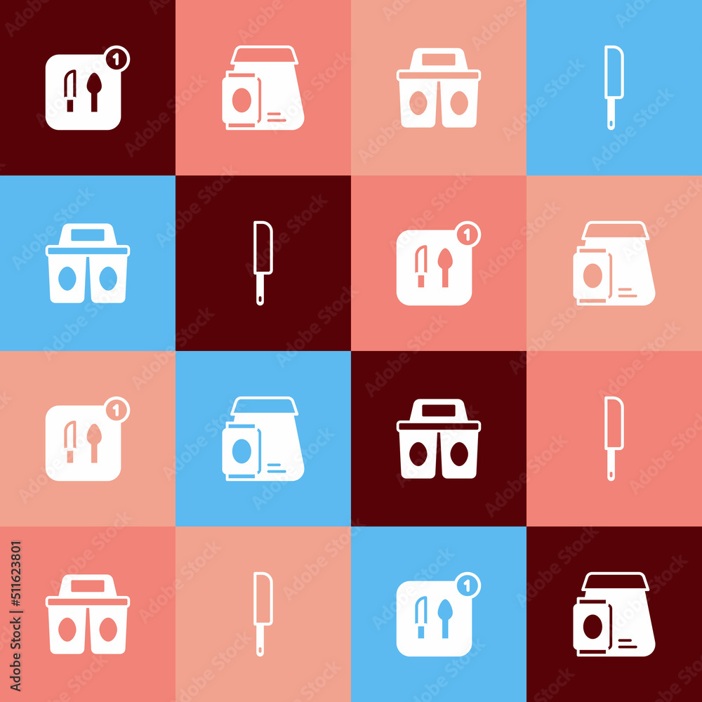 Set pop art Food ordering, Online food, Coffee cup to go and Knife icon. Vector Set pop art Food ordering, Online food, Coffee cup to go and Knife icon. Vector