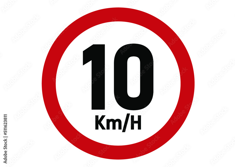 Maximum speed limit sign 10km/h. Road sign board in red isolated on white background. - obrazy, fototapety, plakaty 