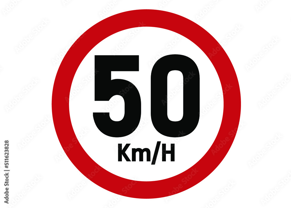 Maximum speed limit sign 50km/h. Road sign board in red isolated on white background. Maximum speed limit sign 50km/h. Road sign board in red isolated on white background.