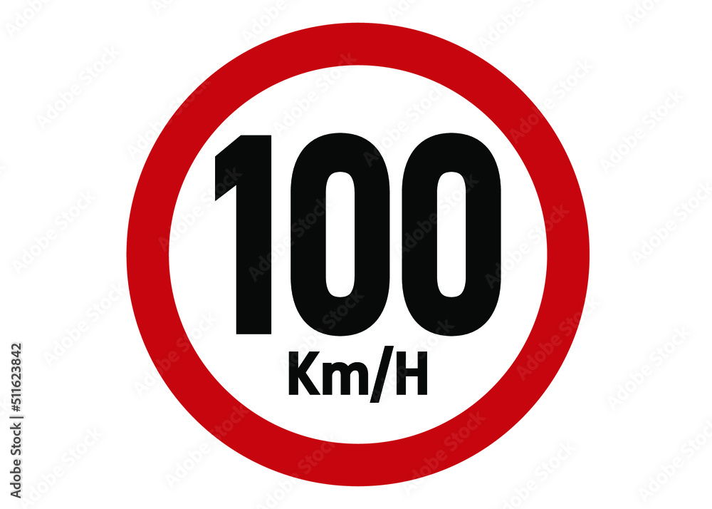 Maximum speed limit sign 100km/h. Road sign board in red isolated on white background. Maximum speed limit sign 100km/h. Road sign board in red isolated on white background.