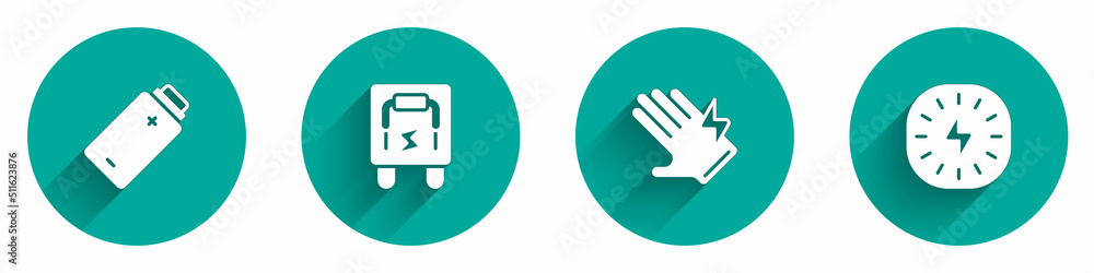 Set Battery charge, Electrical panel, glove and Lightning bolt icon with long shadow. Vector Set Battery charge, Electrical panel, glove and Lightning bolt icon with long shadow. Vector