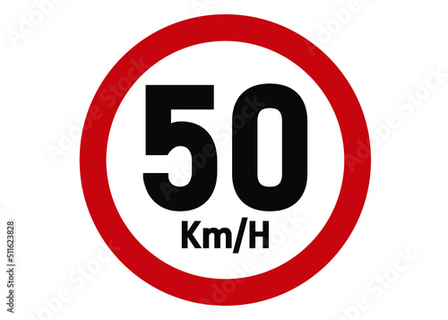 Maximum speed limit sign 50km/h. Road sign board in red isolated on white background.