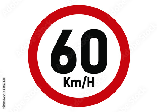 Maximum speed limit sign 60km/h. Road sign board in red isolated on white background.
