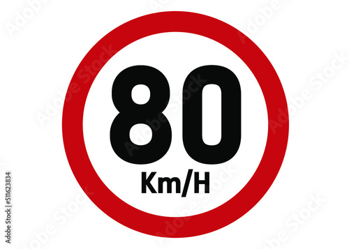Maximum speed limit sign 80km/h. Road sign board in red isolated on white background.