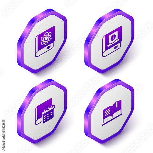 Set Isometric Book about physics, User manual, Daily paper notepad and Open book icon. Purple hexagon button. Vector