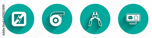 Set No lightning, Roll adhesive tape, Pliers tool and Electrical outlet icon with long shadow. Vector