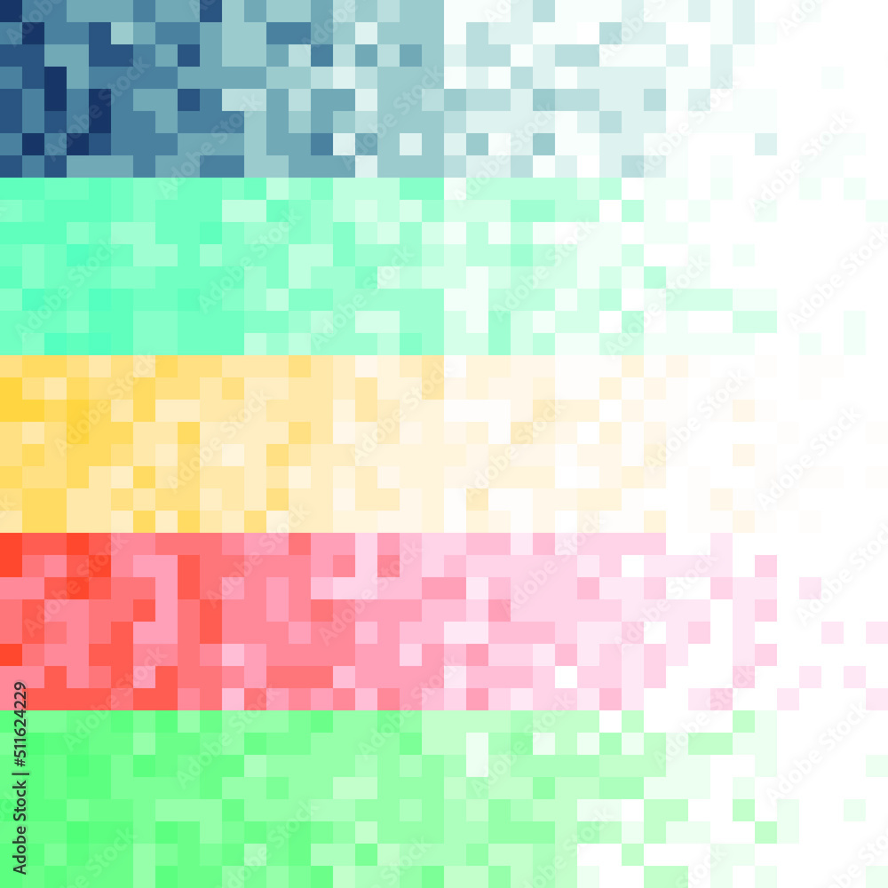 Vector 5 colors of fading Pixel background. Illustration of abstract texture with squares. Pattern design for banner, poster, card, postcard, cover, brochure.