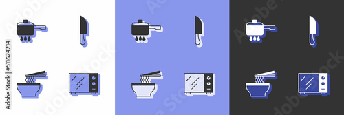 Set Microwave oven, Cooking pot on fire, Asian noodles bowl and Knife icon. Vector